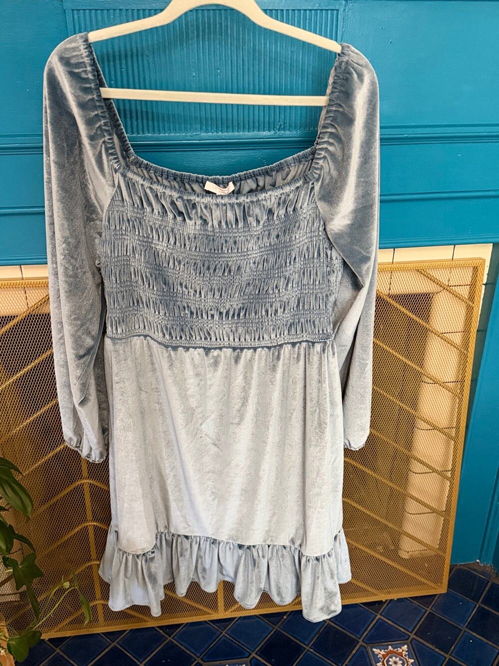 LC Lauren Conrad Velvet Smocked Mini Dress XL Blue NWT Puff Sleeve Ruffle
